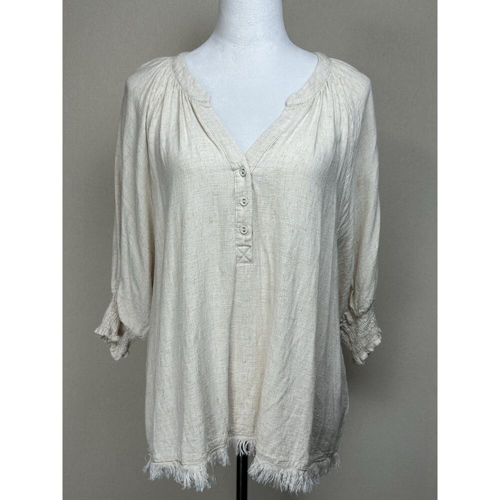 Umgee Women’s Top Linen Blend Sz M Fringed Tan Long Sleeve V-neck 1/4 Button Up